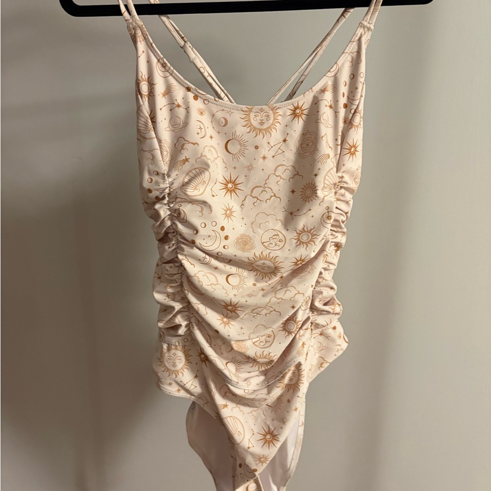 Cider Cream One-Piece Swimsuit with Gold Celestial Print